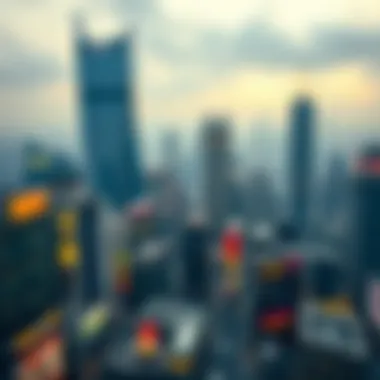 A bustling cityscape representing the socio-economic landscape of lottery winners.