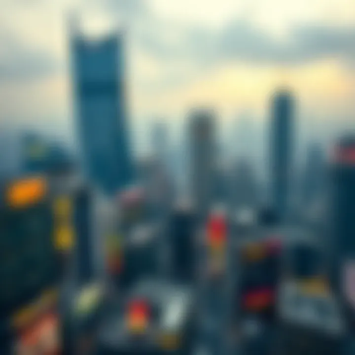 A bustling cityscape representing the socio-economic landscape of lottery winners.