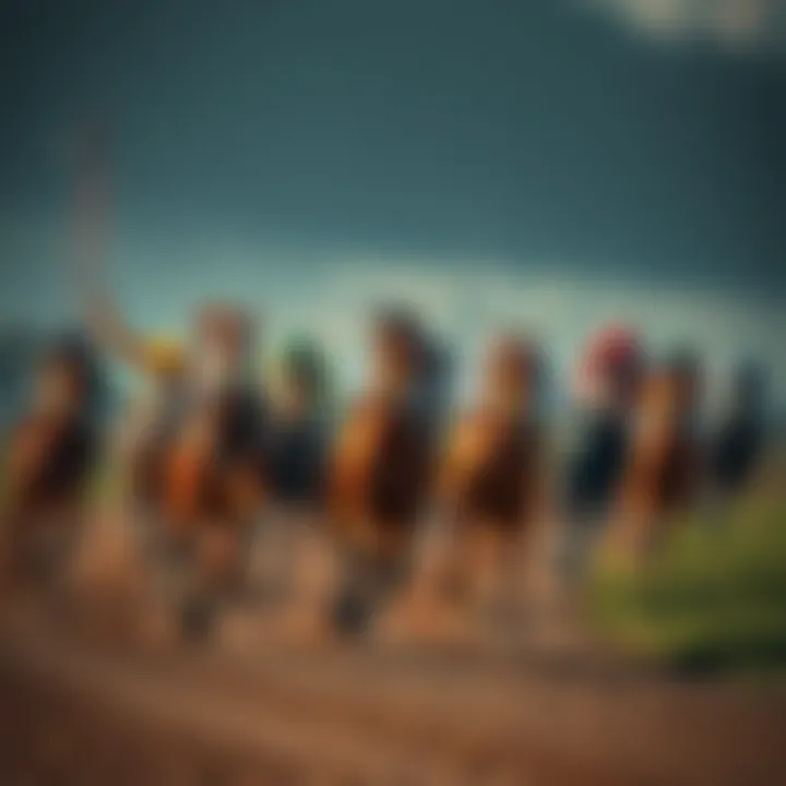 Diverse horses racing on a track