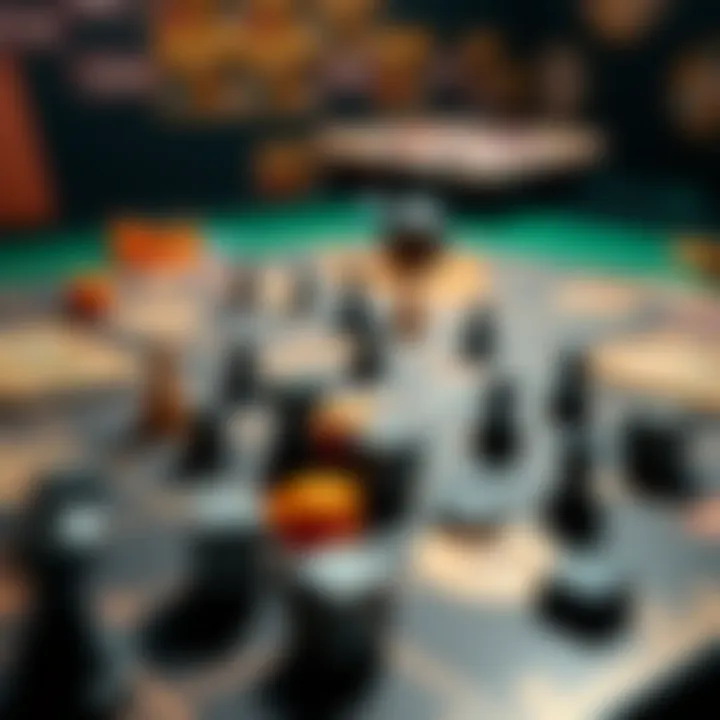 A strategic board game setup with dice and tokens